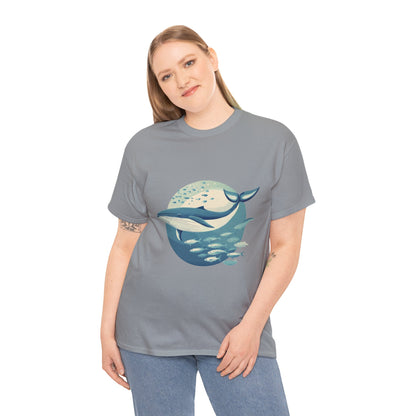 Whale and Fish Unisex Heavy Cotton Tee, Ocean Lover Shirt, Nature Tee, Sea Creature Gift, Casual Summer Top, Ocean Whale Graphic Tee