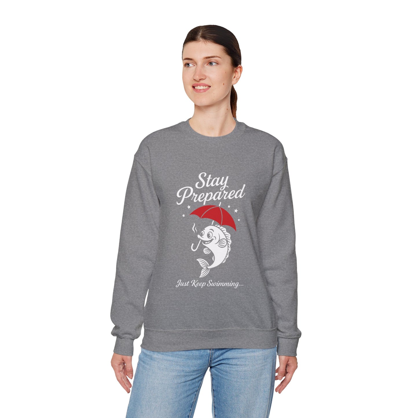 Funny Fish Womens Crewneck Sweatshirt - Stay Prepared Just Keep Swimming Nautical Pullover - Cozy Positive Gift, Fishing Humor
