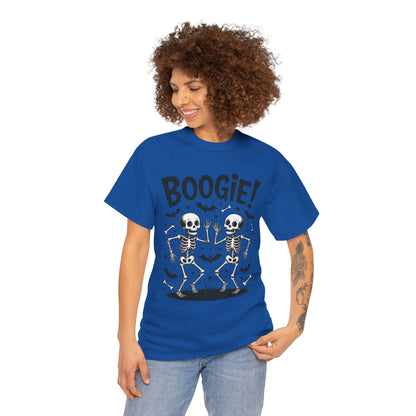 Halloween Dancing Skeletons Women's T-Shirt, BOOGIE! Funny Spooky Graphic Tee for Women, Women's Heavy Cotton Tee