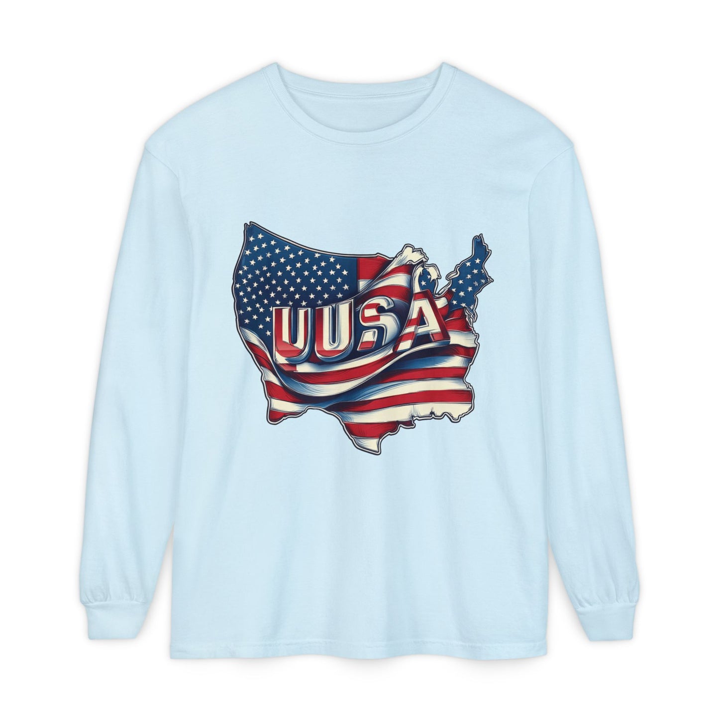 USA Flag Long Sleeve Tee, Unisex Garment-Dyed Shirt, Patriotic Top, All-American Apparel, Independence Day Style, Comfortable Casual Wear