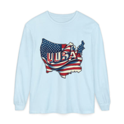 USA Flag Long Sleeve Tee, Unisex Garment-Dyed Shirt, Patriotic Top, All-American Apparel, Independence Day Style, Comfortable Casual Wear