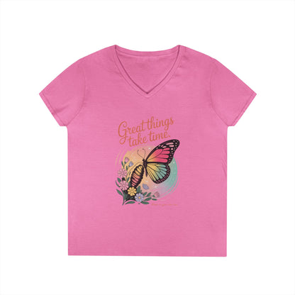 Inspiring Ladies' V-Neck T-Shirt, Great Things Take Time Butterfly Design, Relaxation, Motivation, Nature, Motivational Women's Tee