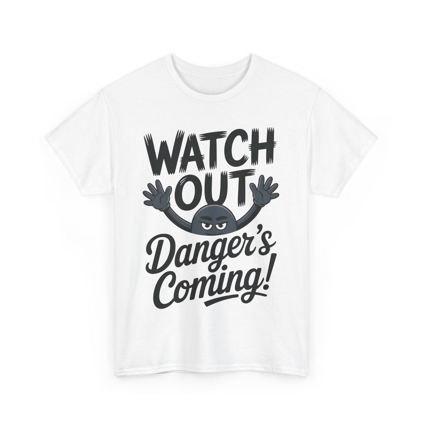 Funny "Watch Out" Cartoon Character T-Shirt, Sketch Style Unisex Heavy Cotton Tee, Minimalist Humorous Graphic Tee, Gift for Him/Her
