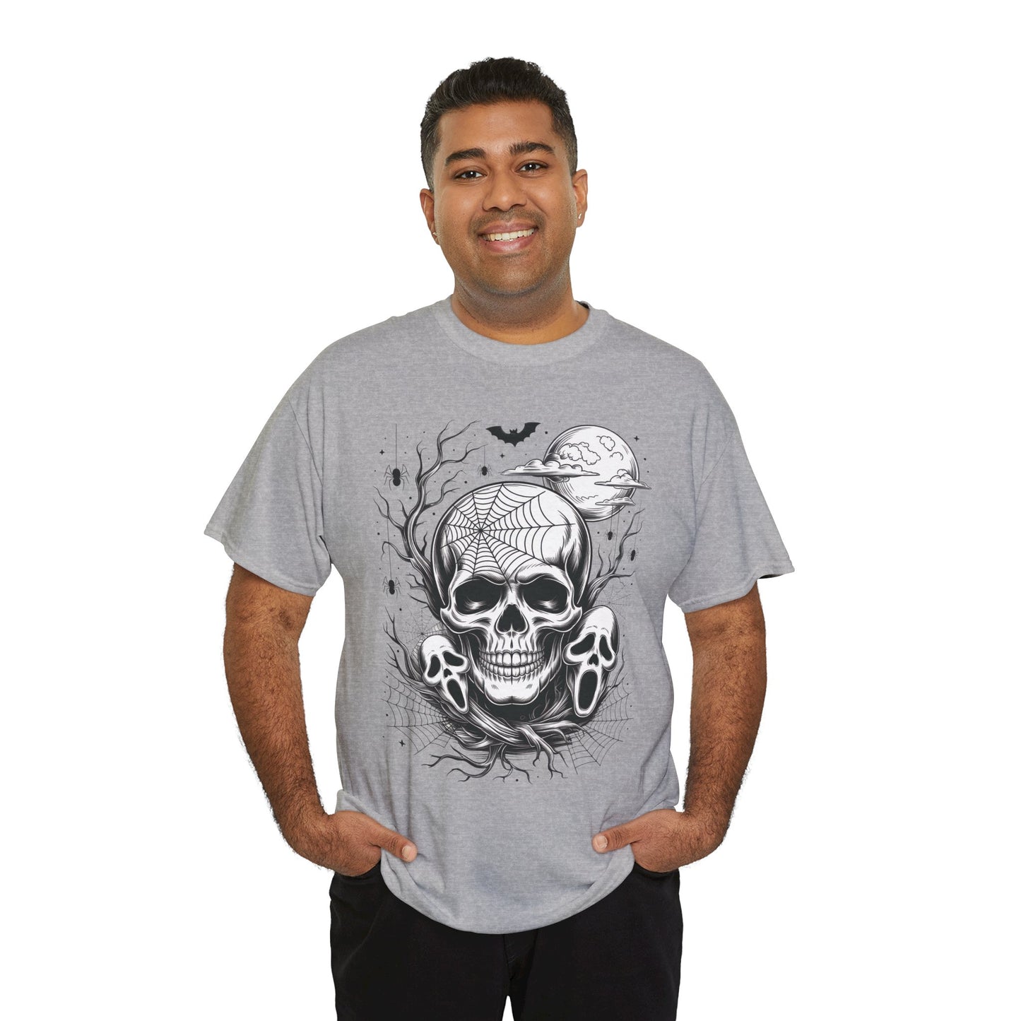 Men's Gothic Skull T-Shirt, Halloween Graphic Tee, Spider Web & Moon Horror Shirt, Spooky Skull Graphic Top for Him