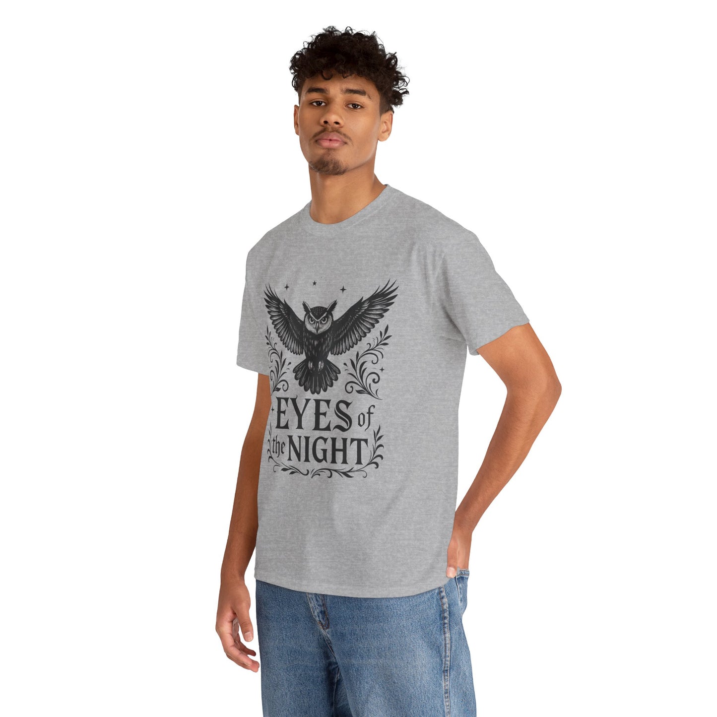Cool Owl Graphic Unisex Heavy Cotton Tee, Flying Owl Art T-Shirt, Animal Print Tee, Gothic Bird Graphic Tee, Mens Gothic Style Shirt