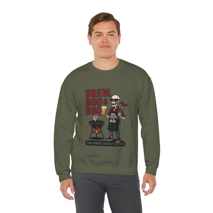 Halloween BBQ Men's Sweatshirt, Brew Boo & BBQ Skeleton Grill Master, Spooky Dad Gift, Skeleton Dad Sweat, Grill Master Crew
