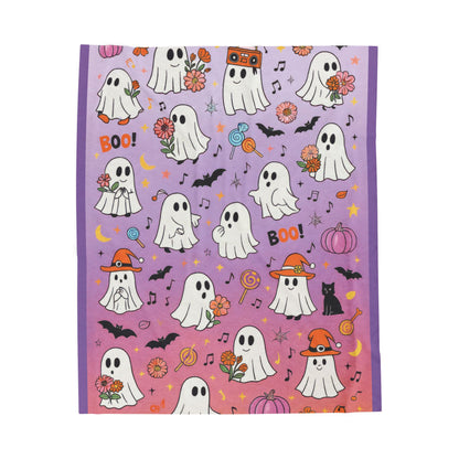 Cute Ghost Halloween Velveteen Plush Blanket for Kids, Purple Ghost and Candy Throw Blanket, Cozy Spooky Fall Blanket, Kawaii Boo Gift