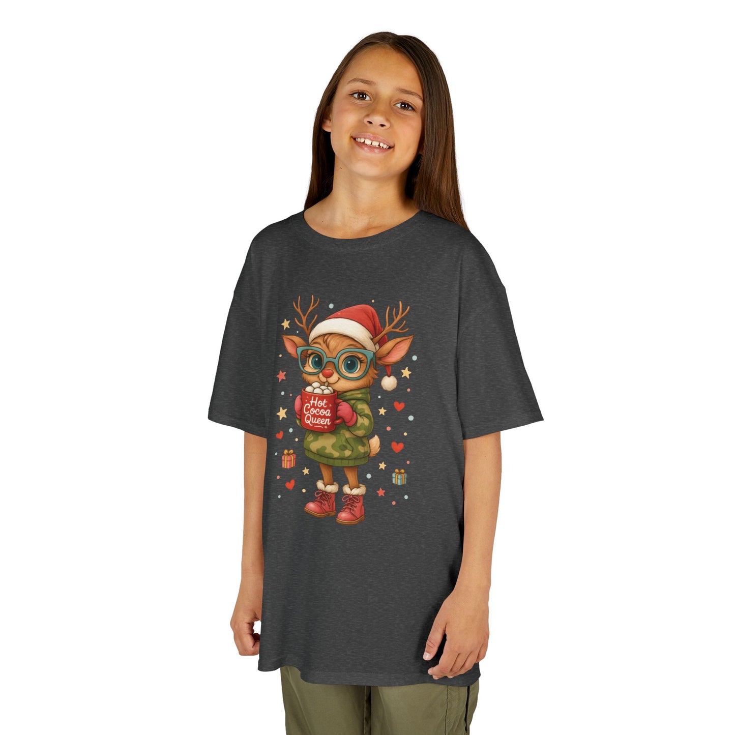 Hot Cocoa Queen Christmas T-Shirt for Girls, Cute Holiday Reindeer Tee