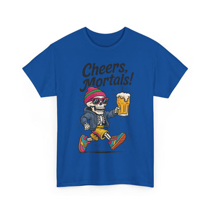 Cheers, Mortals! Mens Tee, Funny Skeleton Beer Graphic Tee, Cool Drinking Humor Shirt, Party Gift for Him, Halloween Tee,  Beer Lovers Gift