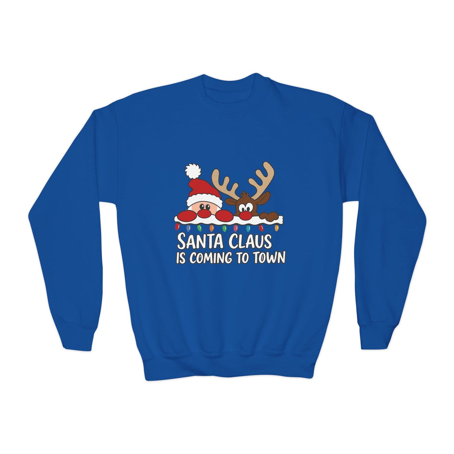 Santa Claus Is Coming to Town Kids Christmas Sweatshirt, Cute Santa - Reindeer Holiday Jumper