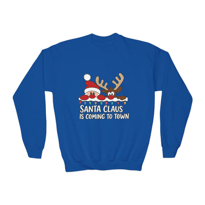 Santa Claus Is Coming to Town Kids Christmas Sweatshirt, Cute Santa - Reindeer Holiday Jumper