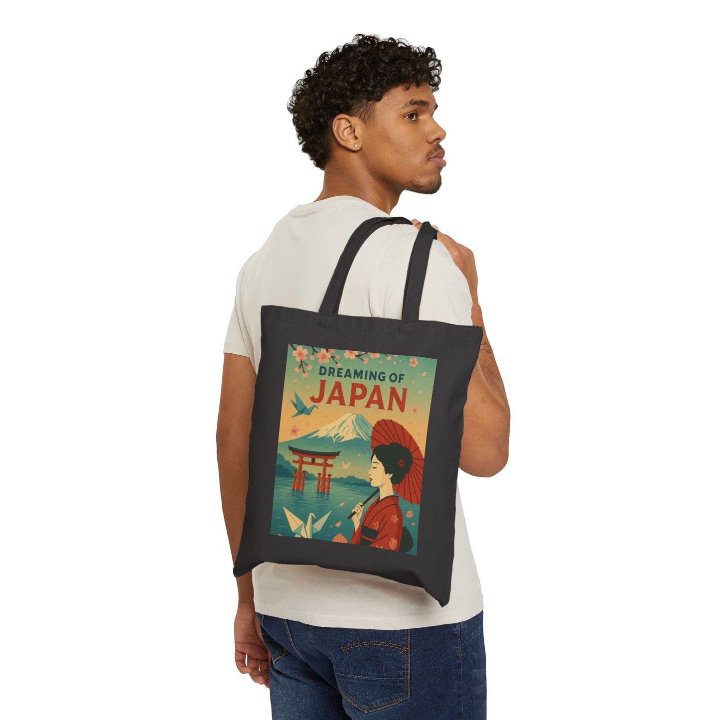 Dreaming of Japan Canvas Tote Bag, Eco-friendly Bag, Travel Tote, Gift for Travelers, Japanese Art Bag, Floral Design Bag