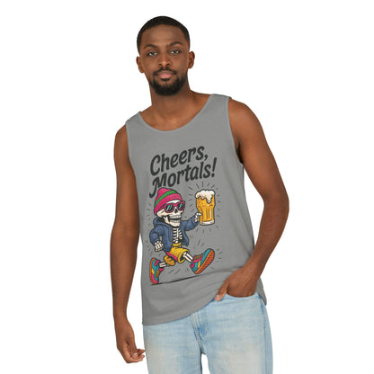 Cheers Mortals! Mens Tank Top, Funny Skeleton Beer Graphic Tee, Drinking Humor Shirt, Party Gift for Him, Halloween Tank,  Beer Lovers Gift