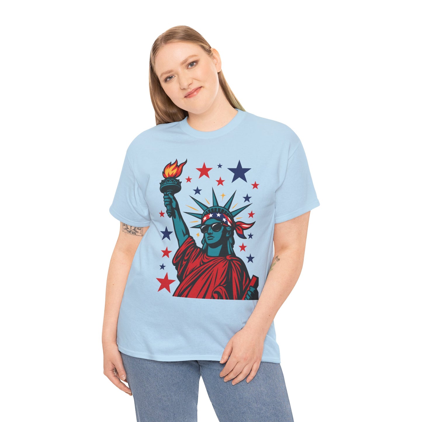 Lady Liberty Pop Art T-Shirt, Patriotic 4th of July Women’s Tee, Retro USA Bandana Statue Shirt