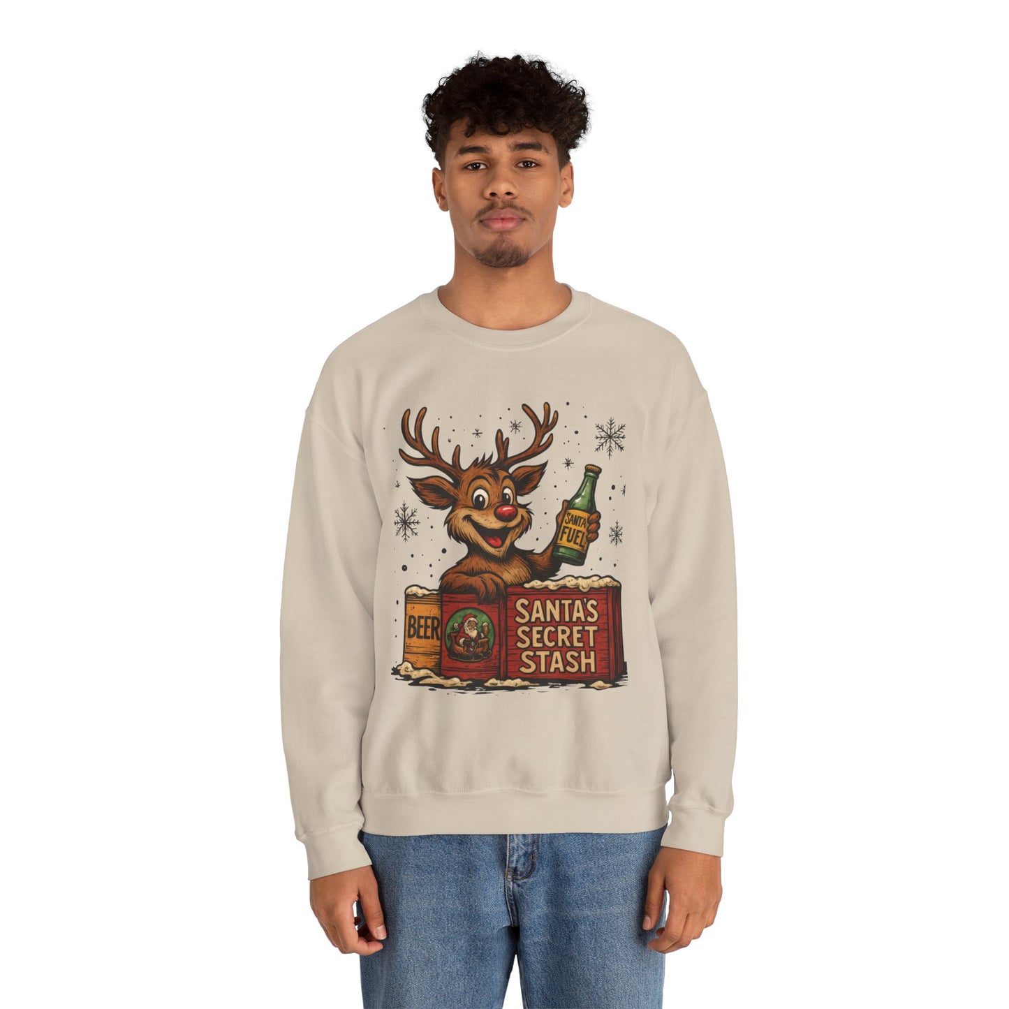 Mens Funny Christmas Sweatshirt, Santa's Secret Stash Reindeer Pullover, Men's Heavy Blend™ Crewneck Sweatshirt