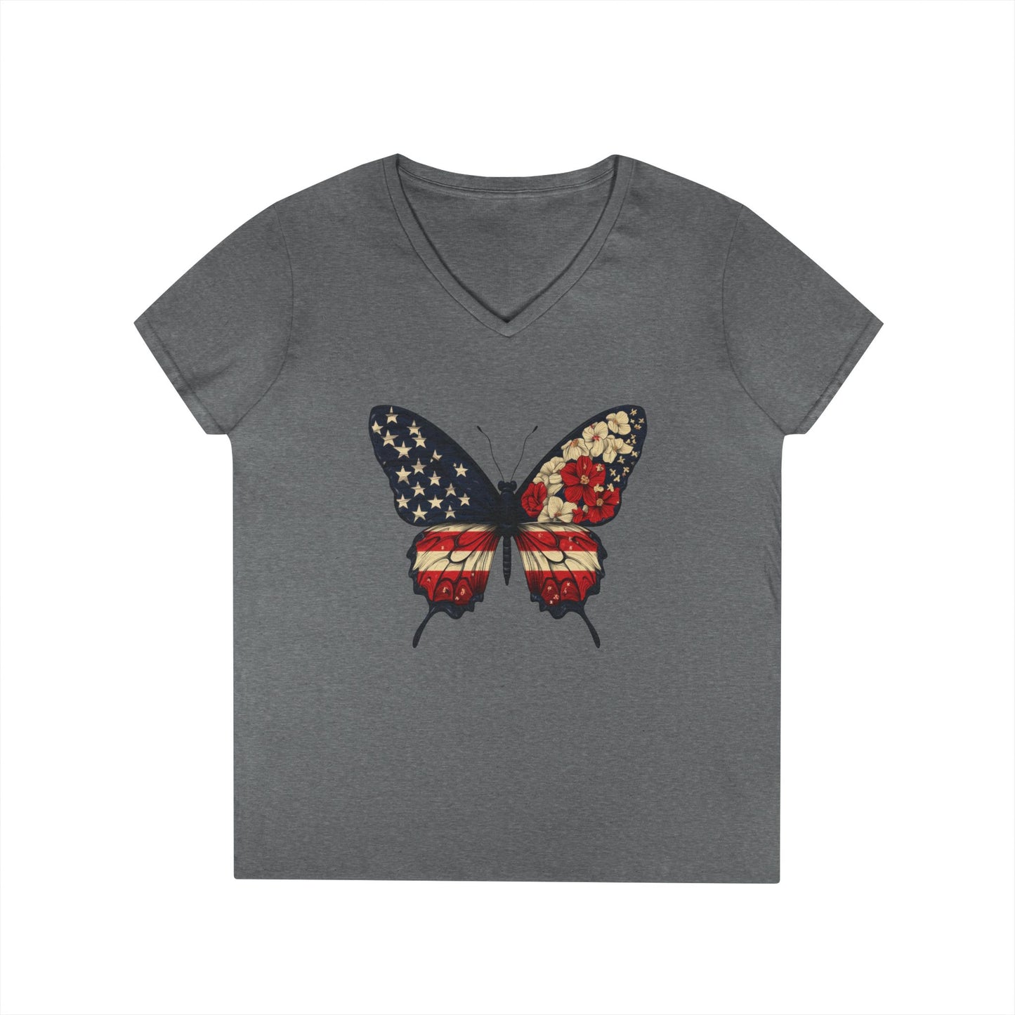 Patriotic Butterfly V-Neck T-Shirt, Summer Style, Gifts for Her, Independence Day, Casual Wear, Nature Lovers