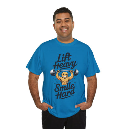 Mens Lift Heavy Smile Hard T-Shirt, Funny Gym Workout Graphic Tee, Mens Gym Tshirt
