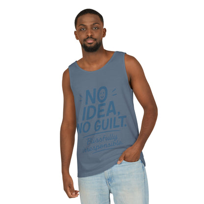 Mens Funny Tank Top, No Idea No Guilt Quote, Blissfully Irresponsible Gym Shirt, Casual Sleeveless Top, , Fun Party Shirt