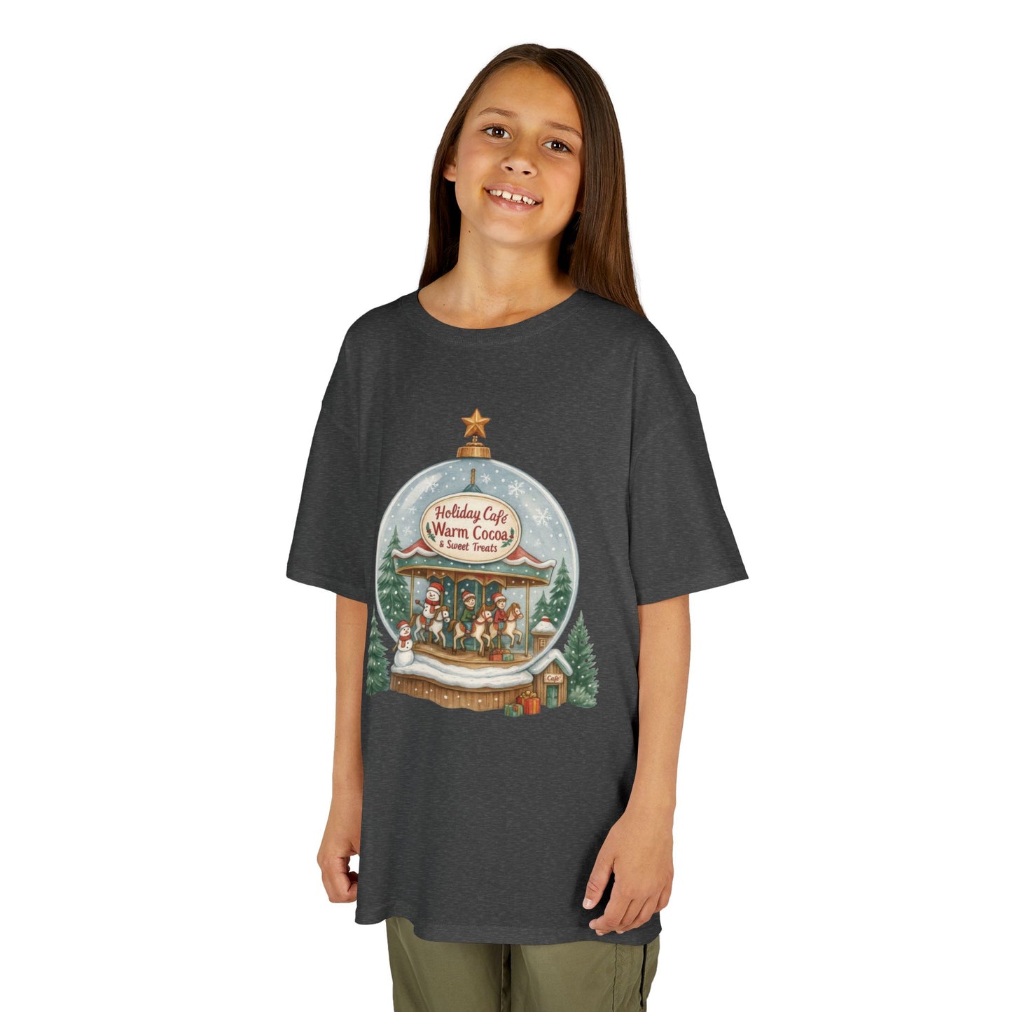 Youth Holiday Café Christmas T-Shirt, Warm Cocoa Carousel Kids Tee