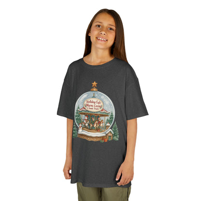 Youth Holiday Café Christmas T-Shirt, Warm Cocoa Carousel Kids Tee