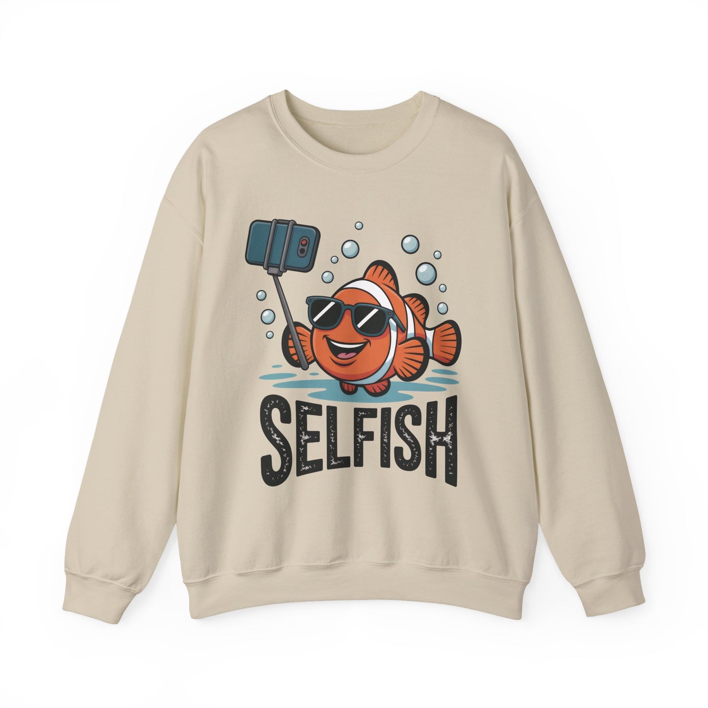 Unisex Heavy Blend™ Crewneck Sweatshirt, Mens Selfish Funny Fish Sweatshirt, Cute Selfie Pullover, Ocean Humor Top