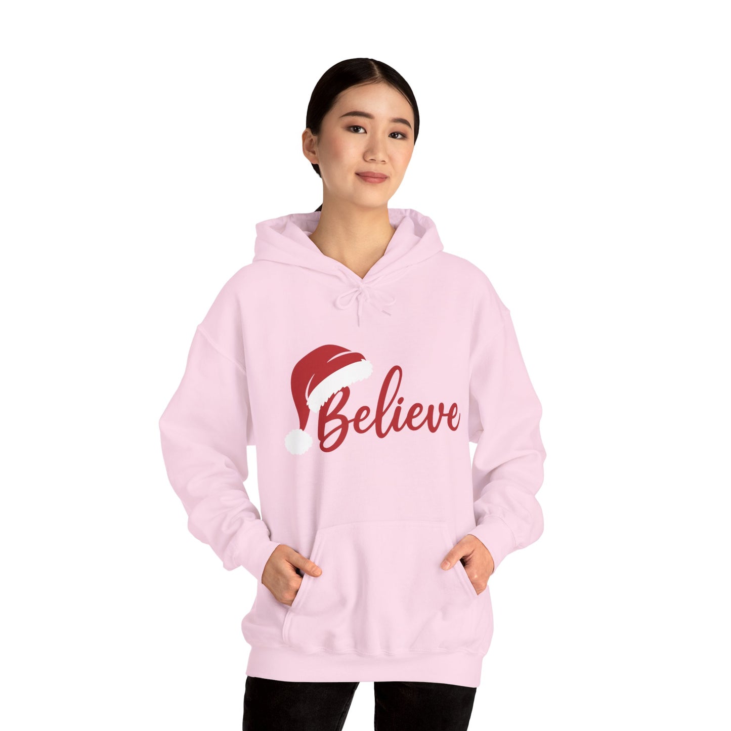 Believe Christmas Women's Hoodie, Minimal Santa Hat Holiday Sweatshirt for Women