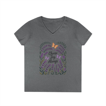 Ladies' V-Neck T-Shirt, Choose Joy Always, Positive Affirmation Tee, Floral Graphic Shirt, Inspirational V-Neck, Lavender Printed Tee