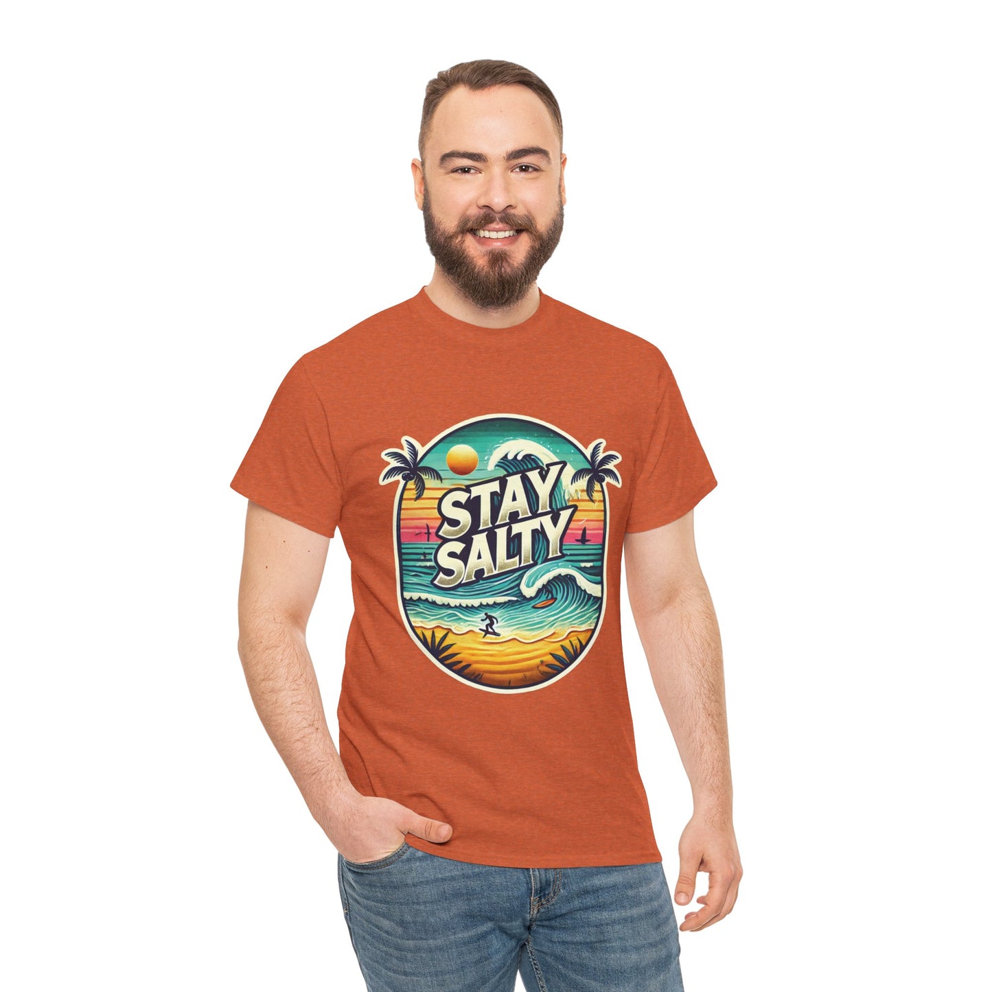 Stay Salty Retro Surf Unisex Heavy Cotton Tee, Vintage Beach Sunset Graphic T-Shirt, Summer Ocean Wave Surfer Shirt, Ocean Lover Gift