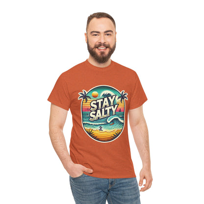 Stay Salty Retro Surf Unisex Heavy Cotton Tee, Vintage Beach Sunset Graphic T-Shirt, Summer Ocean Wave Surfer Shirt, Ocean Lover Gift