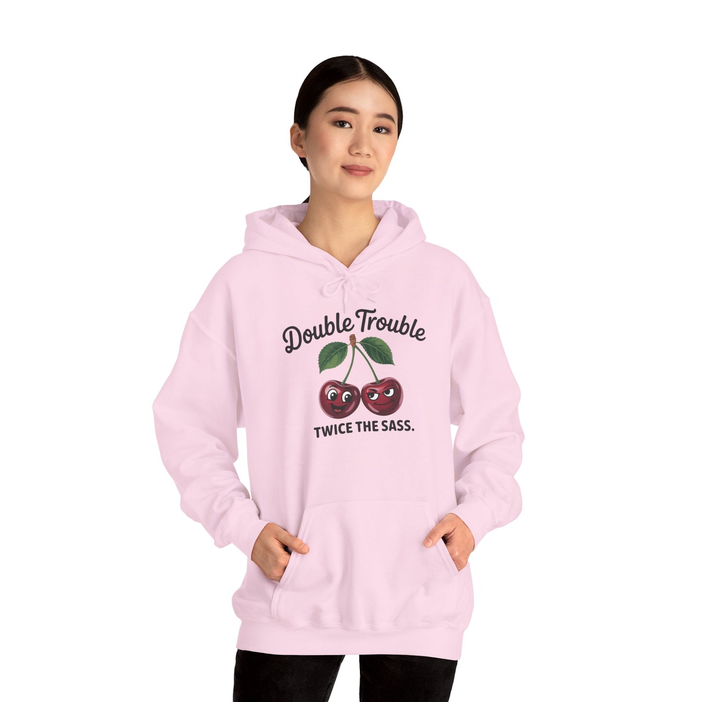 Double Trouble Cherry Hoodie, Cute Funny Womens Hooded Sweatshirt, Twice The Sass Fruit Graphic Pullover, Sassy Cherry Hooded Top