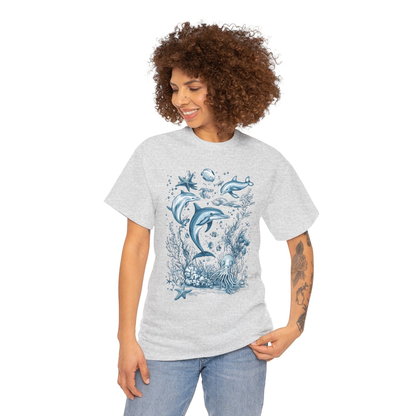 Ocean Life Dolphin T-Shirt, Women's Cotton Tee with Underwater Sea Creatures, Marine Nature Gift Shirt, Perfect for Beach Lovers