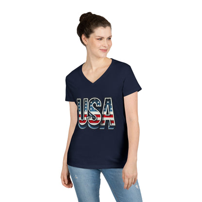 USA Patriotic V-Neck T-Shirt for Ladies, July 4th Celebration Tee, Casual Summer Shirt, Graphic Tee