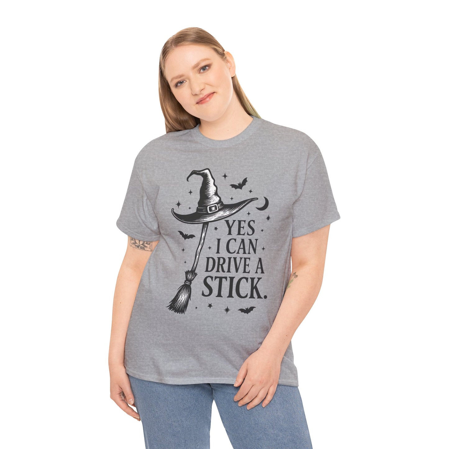 Yes I Can Drive a Stick Witch Hat Broom Halloween Women's T-Shirt, Funny Spooky Graphic Tee, Witch Shirt,