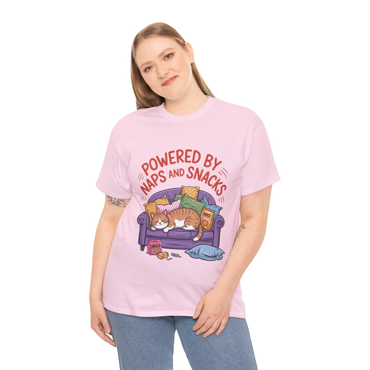 Powered by Naps and Snacks Cat T-Shirt, Funny Lazy Cat Lover Womens Tee, Cute Humor Shirt, Cozy Gift for Her, Cozy Cat Lover T-Shirt