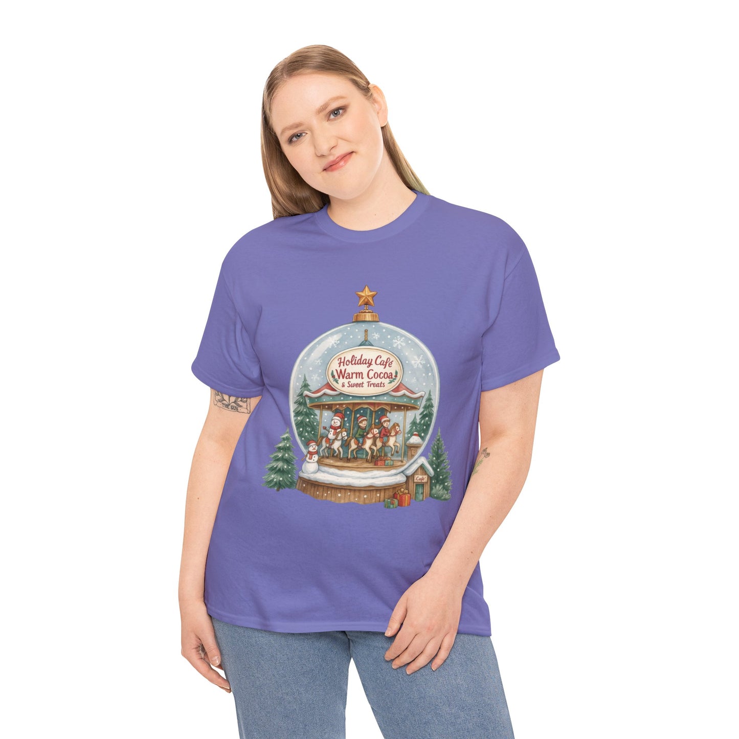 Holiday Café Christmas T-Shirt for Women, Warm Cocoa  Carousel Tee