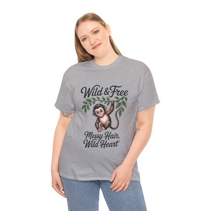 Wild & Free Monkey Shirt, Messy Hair Wild Heart Womens Tee, Cute Jungle Animal T-Shirt, Boho Adventure Graphic, Fun Nature Lover Gift