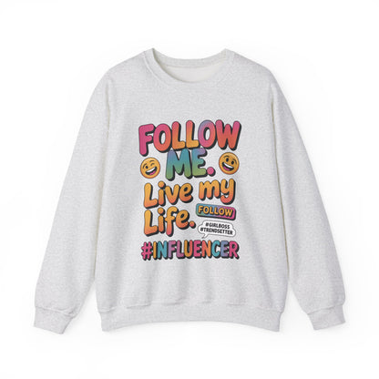Womens Heavy Blend™ Crewneck Sweatshirt, Influencer Sweatshirt, Colorful Follow Me Live My Life Graphic Sweatshirt, Trendy GirlBoss Outfit