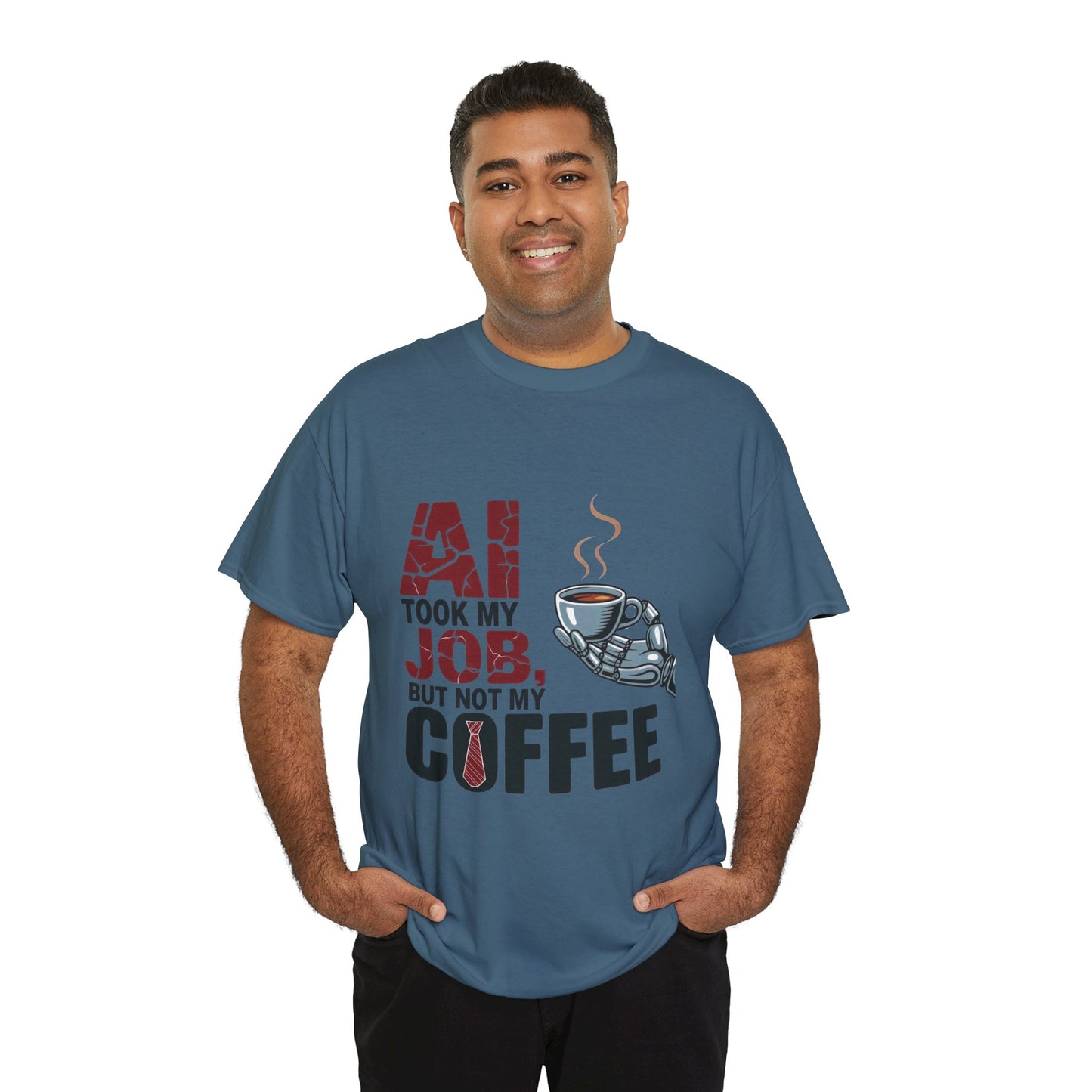 Men's AI Coffee T-Shirt, Funny Robot Humor Graphic Tee, Geek Job Joke Shirt for Him, Men's Heavy Cotton Tee, Sarcastic Work Shirt