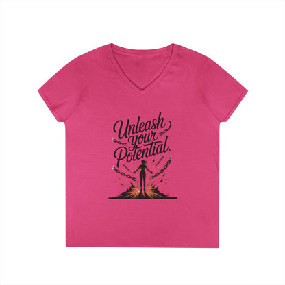 Empowering Ladies' V-Neck T-Shirt | Unleash Your Potential | Gift for Motivation, Birthday, Inspirational Wear, Positive Energy Top