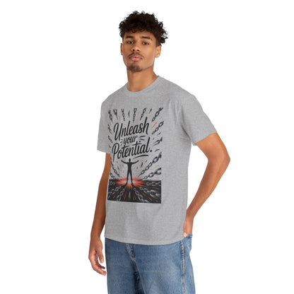 Inspiring Men's Heavy Cotton Tee, "Unleash Your Potential" Motivation Shirt, Gift for Graduates, Personal Growth Apparel, Casual Wear