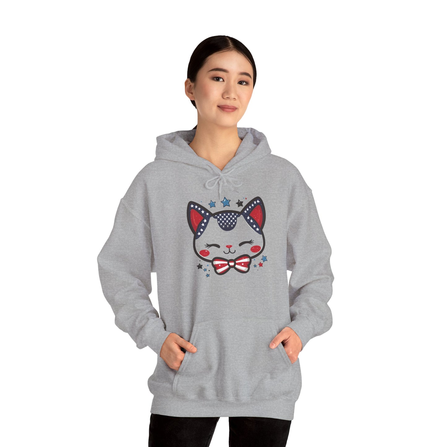 Cute Patriotic Cat -Themed Women's Hoodie, for Cat Lovers, Cute Gift for Pet Owners, Cozy Sweatshirt for All Seasons, Fourth of July Hoodie