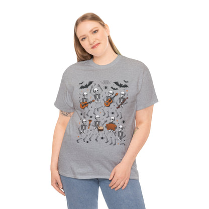 Dancing Skeleton Band Halloween T-Shirt for Women, Funny Spooky Music Tee, Cute Skeleton Party Shirt, Retro Halloween Top Gift Idea