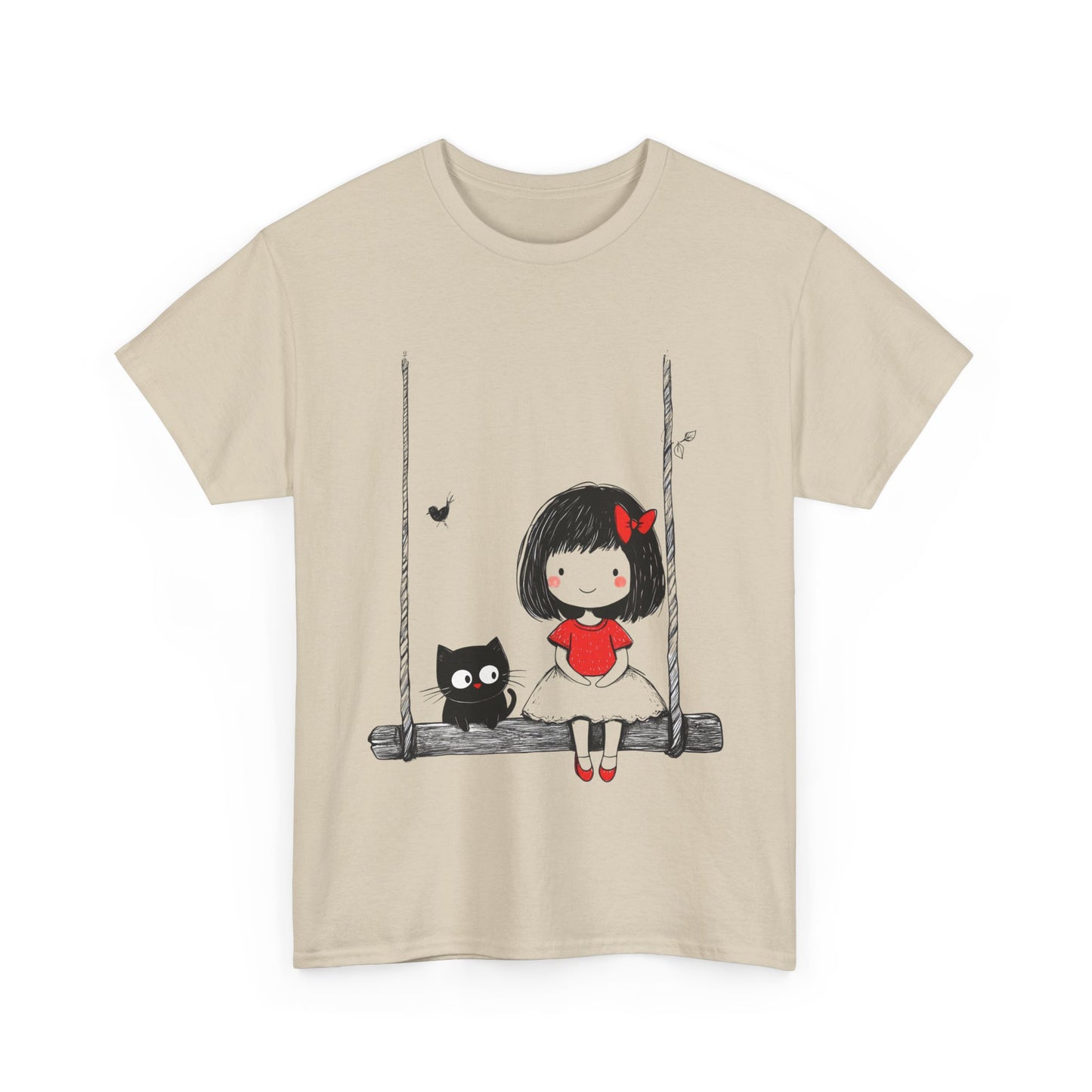 Cute Cat & Girl Graphic Tee, Playful Gift for Cat Lovers, Cat and Girl Design, Gift for Cat Owners, Women's Cotton T-Shirt