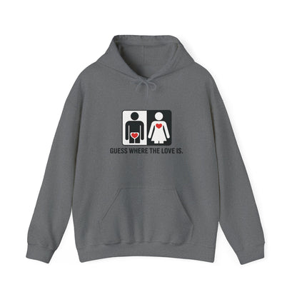 Cute Guess Where The Love Is Mens Hoodie, Sweatshirt for Couples, Valentines Day Gift, Relationship Humor Hoodie, Bold Love Joke Hoodie