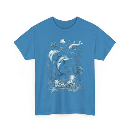 Ocean Life Dolphin T-Shirt, Women's Cotton Tee with Underwater Sea Creatures, Marine Nature Gift Shirt, Perfect for Beach Lovers