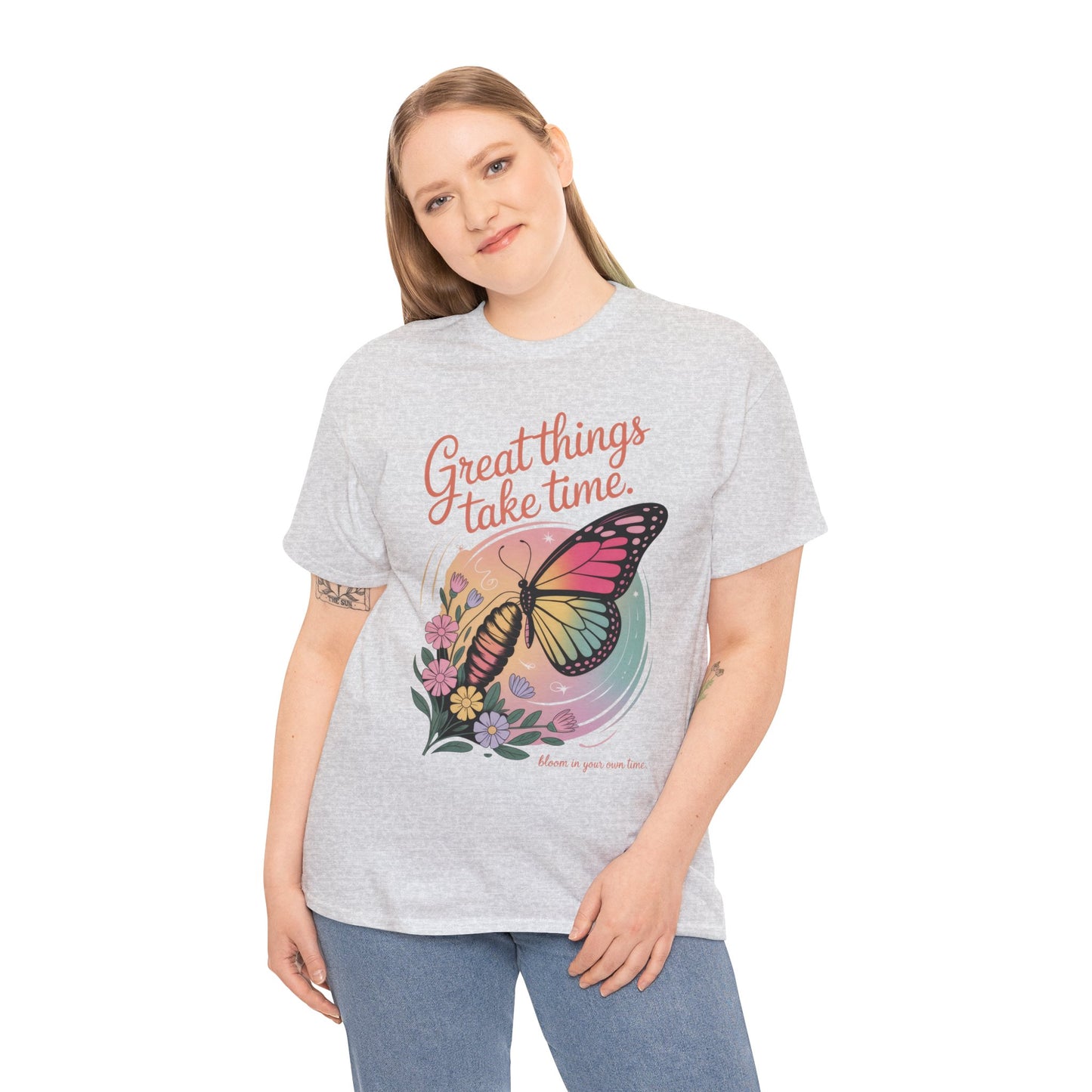 Butterfly Motivational Women's Heavy Cotton Tee, Great Things Take Time Shirt, Gift for Nature Lovers, Inspirational Apparel, Summer Outfit
