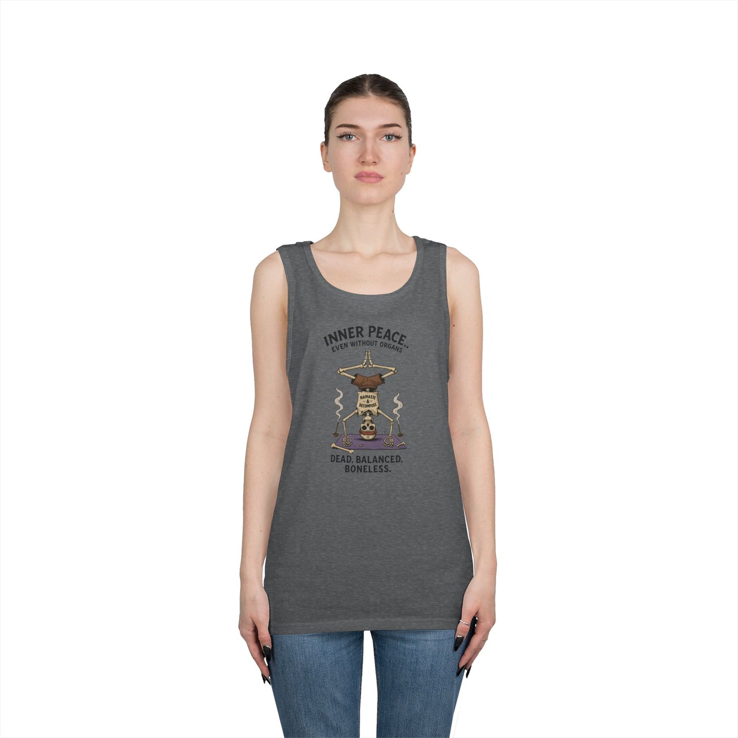 Inner Peace Skeleton Yoga Unisex Tank Top, Dark Humor Meditation Tee, Gift for Mindfulness Lovers, Yoga Shirt, Peaceful Vibes