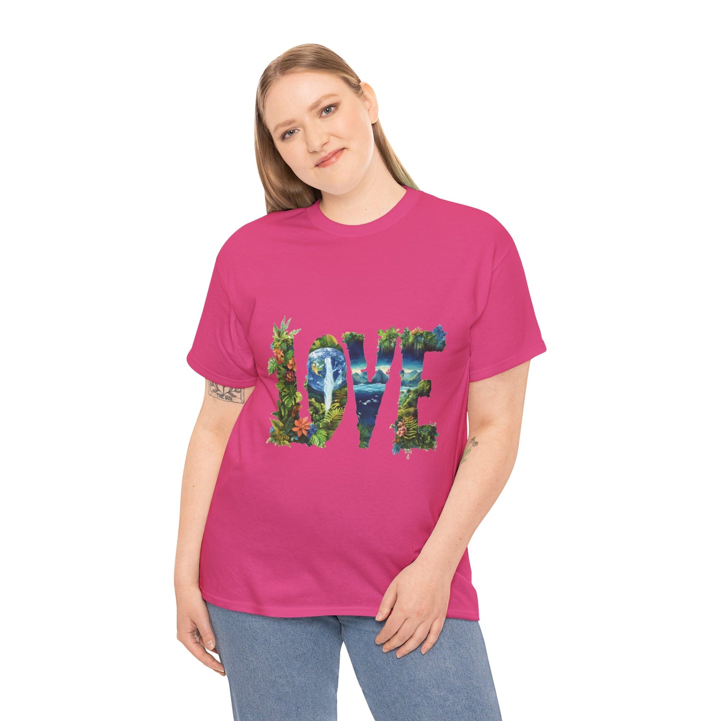LOVE Nature Art Womens Heavy Cotton Tee, Earth Day Jungle Forest Graphic T-Shirt, Eco Friendly Gift Shirt, Nature-Inspired Love Tee