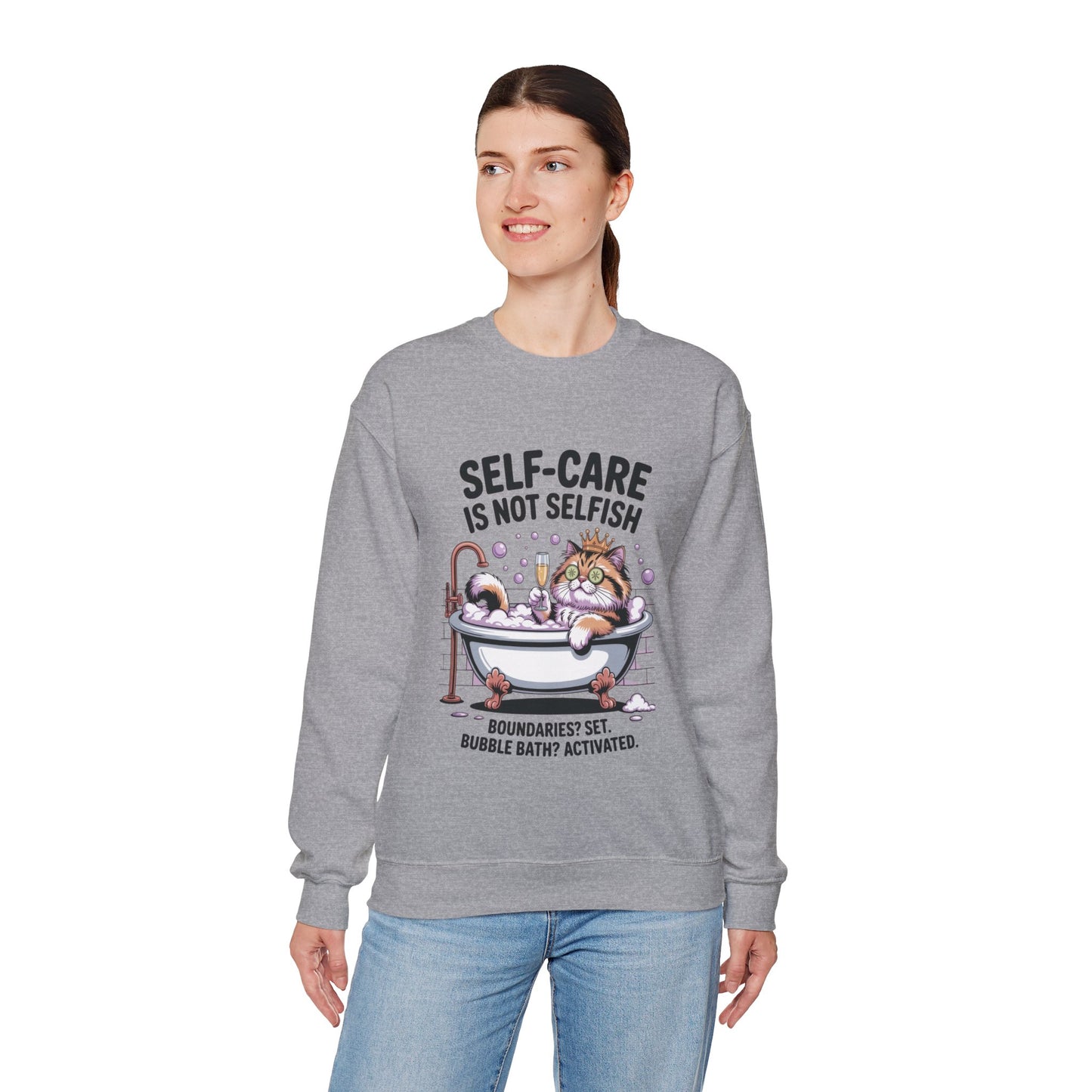 Womens Crewneck Sweatshirt, Self-Care Cat Shirt, Funny Cat Tee, Relaxing Kitty Graphic, Self Care Is Not Selfish Womens Sweatshirt