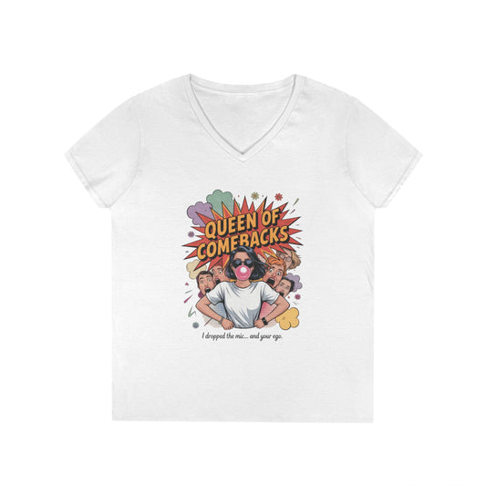 Queen of Comebacks V-Neck T-Shirt, Funny Graphic Tee, Gift for Friends, Humor Apparel, Casual Wear, Comedic Shirt